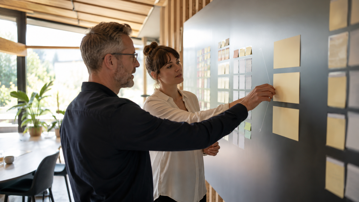 Zwei Berufstätige ordnen Prioritäten für wirksames Arbeiten