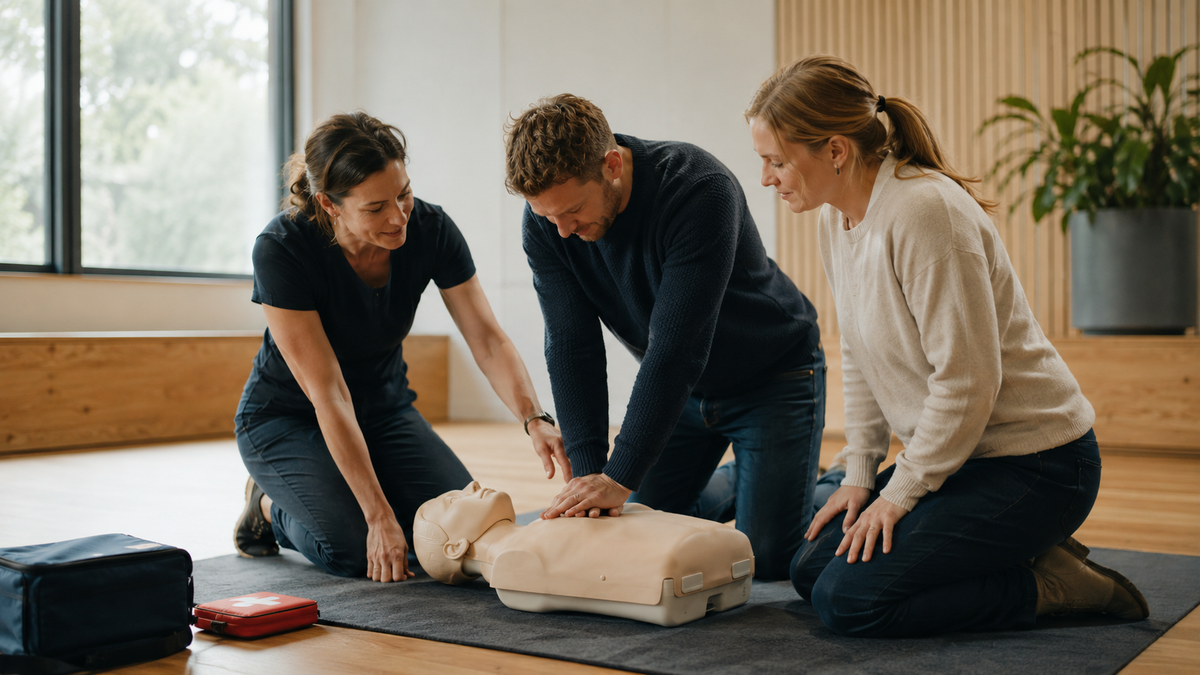 Teilnehmende üben Herzdruckmassage an einer Trainingspuppe