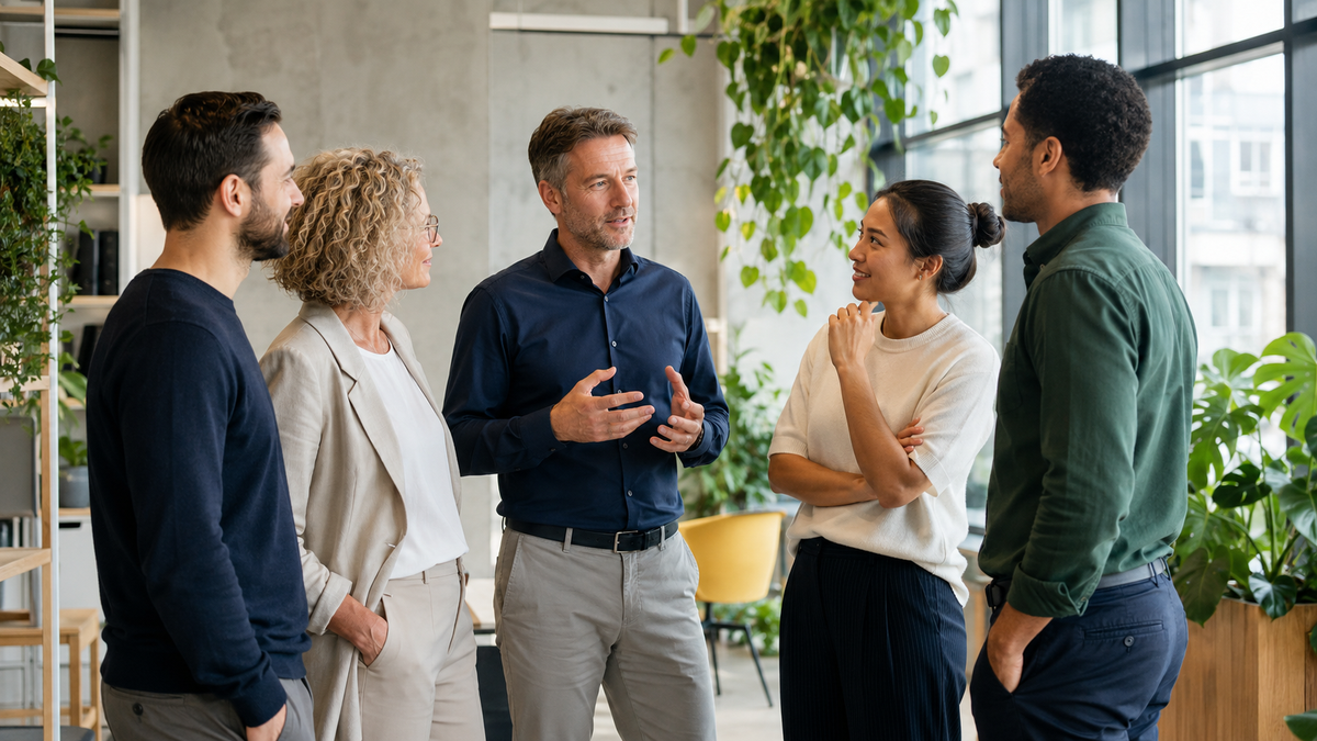 Team im Austausch über Gesundheit und Wohlbefinden am Arbeitsplatz