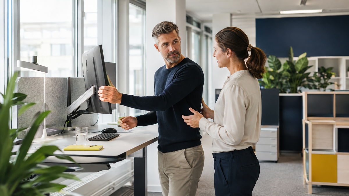 Ergonomische Beratung an einem modernen Bildschirmarbeitsplatz