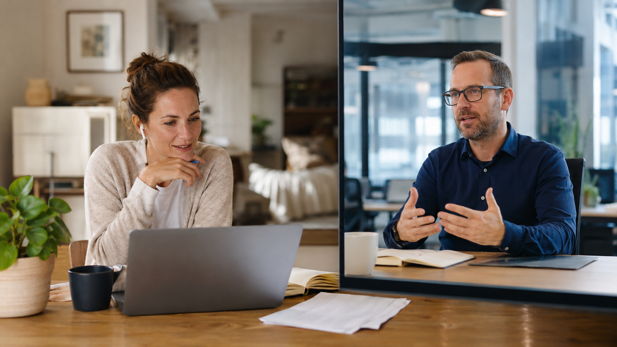 Mitarbeitende und Führungskraft klären Herausforderungen im Homeoffice