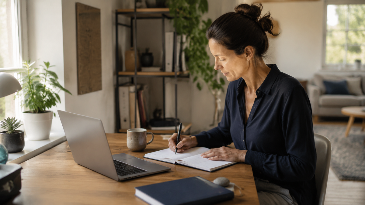 Berufstätige strukturiert ihren produktiven Arbeitstag im Homeoffice