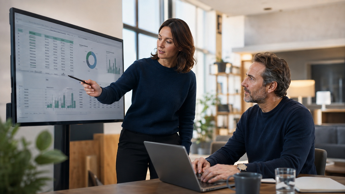 Trainerin erklärt die praktische Datenanalyse mit Tabellen und Diagrammen