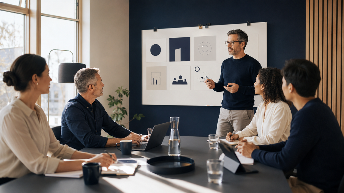 Produktive Meetings – Team trifft fokussiert Entscheidungen in einer moderierten Besprechung